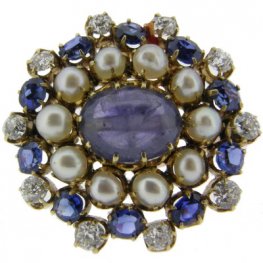 Victorian Sapphire ,Gem, Diamond and Pearl Circular Brooch