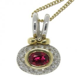 Oval Ruby and Pave Diamond Cluster Pendant and Chain