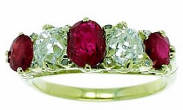 Victorian Carved Ruby and Diamond 5 Stone Ring. Circa 1890