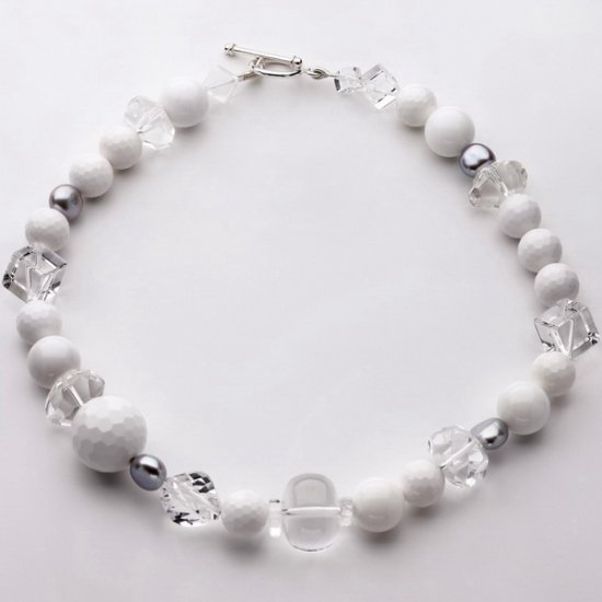 White Agate, Clear Quartz and Pearl Necklace - Click Image to Close