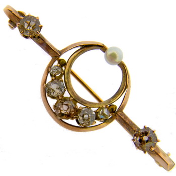 Old Cut Diamond and Pearl Bar Crescent Victorian Brooch - Click Image to Close