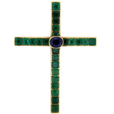 Vintage Square Cut Emerald & Sapphire Cross Pendant - Click Image to Close