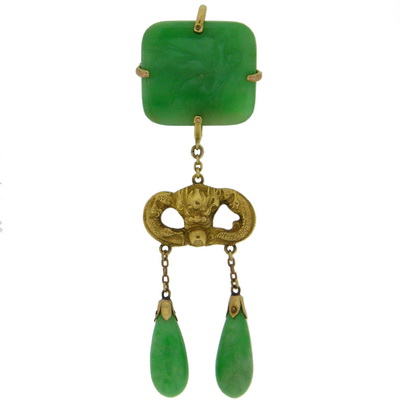 Oriental Chinese Jade 'Dragon' Brooch with suspended Pear Drops - Click Image to Close
