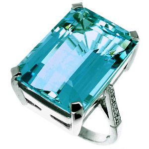 A Large Emerald Cut Aquamarine and Diamond Single Stone Ring - Click Image to Close