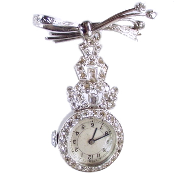 1940's Platinum Diamond Fob Watch with Baguette diamonds - Click Image to Close