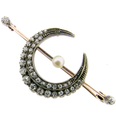 Edwardian Old Cut Diamond and Pearl Crescent Brooch - Click Image to Close