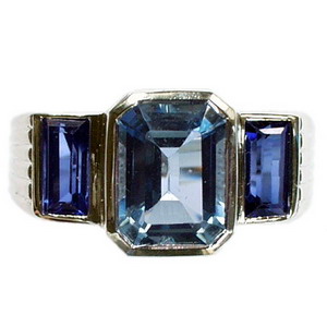 Art Deco style Emerald cut Aquamarine and Baguette ring - Click Image to Close