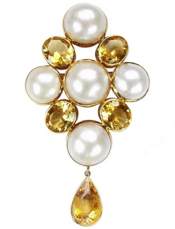 Vintage Brooch. Pearl & Citrine Brooch. Mabe Pearl and Citrine - Click Image to Close