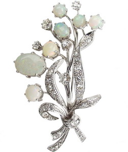 A Floral Spray Opal & Diamond Brooch - Click Image to Close