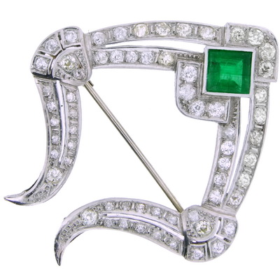 Vintage Diamond & Emerald Stylised Lyre Brooch - Click Image to Close