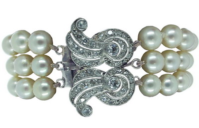 A Pearl & Diamond Three Row Bracelet - Click Image to Close