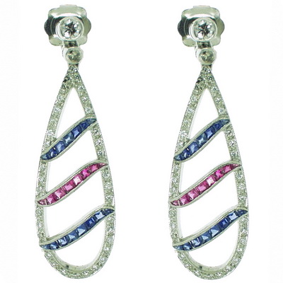 Diamond, Sapphire and Ruby Pendant Earrings in Platinum - Click Image to Close