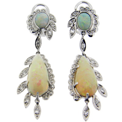 Opal & Diamond Cluster Pendant Earrings. Total Diamonds 0.45cts - Click Image to Close