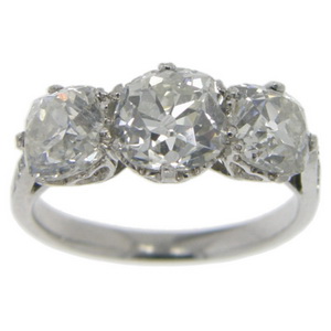 Platinum Edwardian Old Cut Diamonds Cushion cut 3 Stone Ring - Click Image to Close