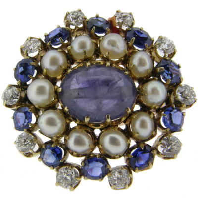 Victorian Sapphire ,Gem, Diamond and Pearl Circular Brooch - Click Image to Close