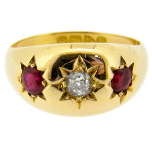 Gypsy Ruby and Old Cut Diamond three stone ring - Click Image to Close