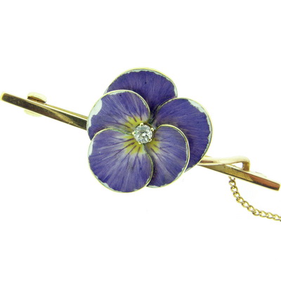 Antique Old Cut Diamond and Enamel Pansy Brooch - Click Image to Close