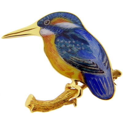 9ct Yellow Gold and Enamel Kingfisher Brooch - Click Image to Close