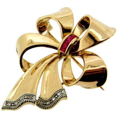 A Vintage Ruby & Diamond Bow Brooch - Click Image to Close