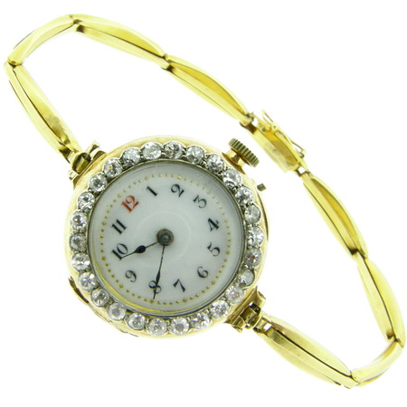 Antique Ladies diamond set bezel wrist watch 18k tested - Click Image to Close