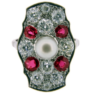 Art Deco diamond ring rubies and pearl- white shank 18ct PLAT - Click Image to Close
