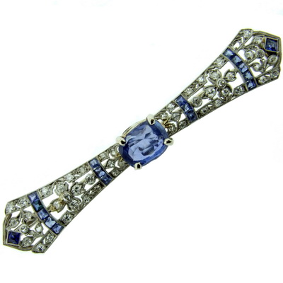 Art Deco diamond and Sapphire Brooch - Pin - Click Image to Close