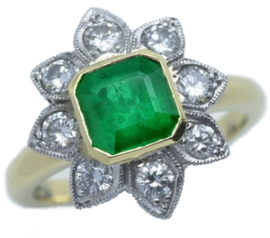 An Octagonal Emerald and Diamond Cluster Ring - Click Image to Close