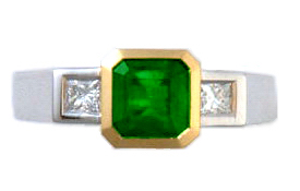 An Emerald-Cut Emerald & Diamond 3 Stone Ring - Click Image to Close