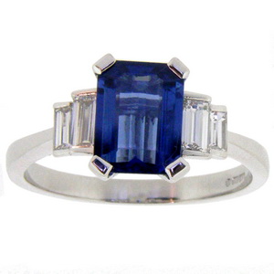 Art Deco style Octagon Sapphire and Baguette Cut Diamond Ring - Click Image to Close