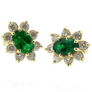 Oval Emerald Earrings set with Diamonds - Click Image to Close