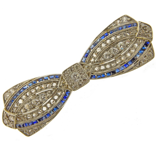 Edwardian Sapphire and Diamond Bow Brooch - Click Image to Close