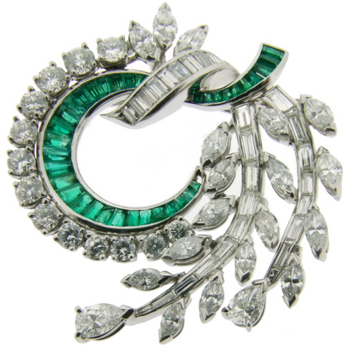 1960's Diamond and Emerald Brooch - Click Image to Close
