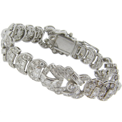 Art Deco diamond bracelet set, brilliant and baguete diamonds - Click Image to Close