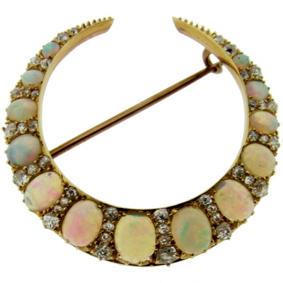 Antique Diamond and Opal Crescent brooch - Click Image to Close