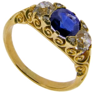 Vintage Carved Sapphire and Diamond Three Stone Ring - Click Image to Close