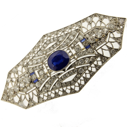 Art Deco Sapphire and Diamond Plaque Brooch - Click Image to Close