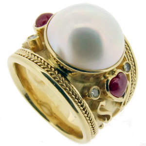 Large Mabe Pearl, Cabochon Ruby and Diamond Dress Ring - Click Image to Close