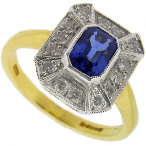 Art Deco Style Sapphire and Diamond Cluster Ring 18ct - Click Image to Close