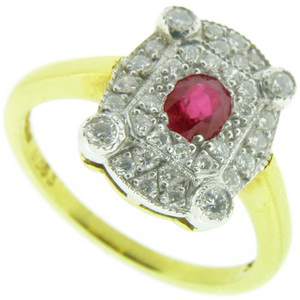 Art Deco Style Ruby and Diamond Cluster Ring - Click Image to Close