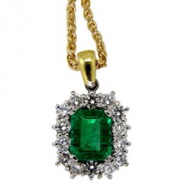 18k Emerald and Diamond Cluster Pendant and Chain