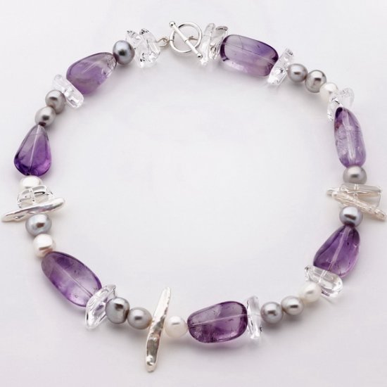 Amethyst Pearl and Clear Quartz Necklace - Click Image to Close