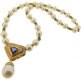 Cultured Pearl Sapphire Diamond Necklace
