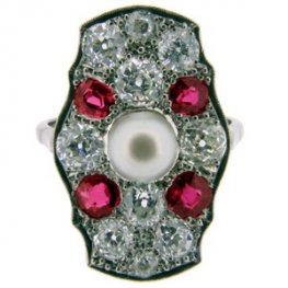 Art Deco diamond ring rubies and pearl- white shank 18ct PLAT