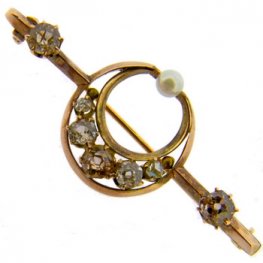 Old Cut Diamond and Pearl Bar Crescent Victorian Brooch