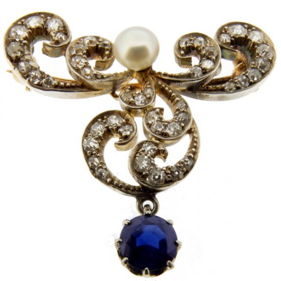 Art Nouveau Diamond, Sapphire & Pearl Brooch - Click Image to Close