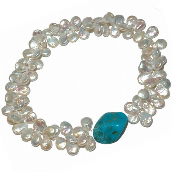 A Freshwater Pearl and Turquoise Necklace - Click Image to Close
