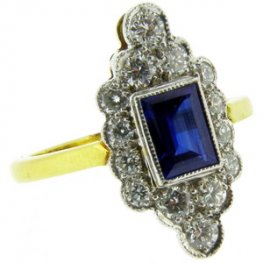Art Deco style Baguette Cut Sapphire and Diamond Cluster Ring