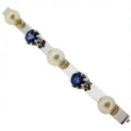 Cultured Pearl and Sapphire Bar Brooch. Sapphires 1ct approx