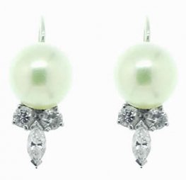 Cultured Pearl & Diamond Earrings, Signed KERN