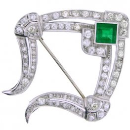 Vintage Diamond & Emerald Stylised Lyre Brooch